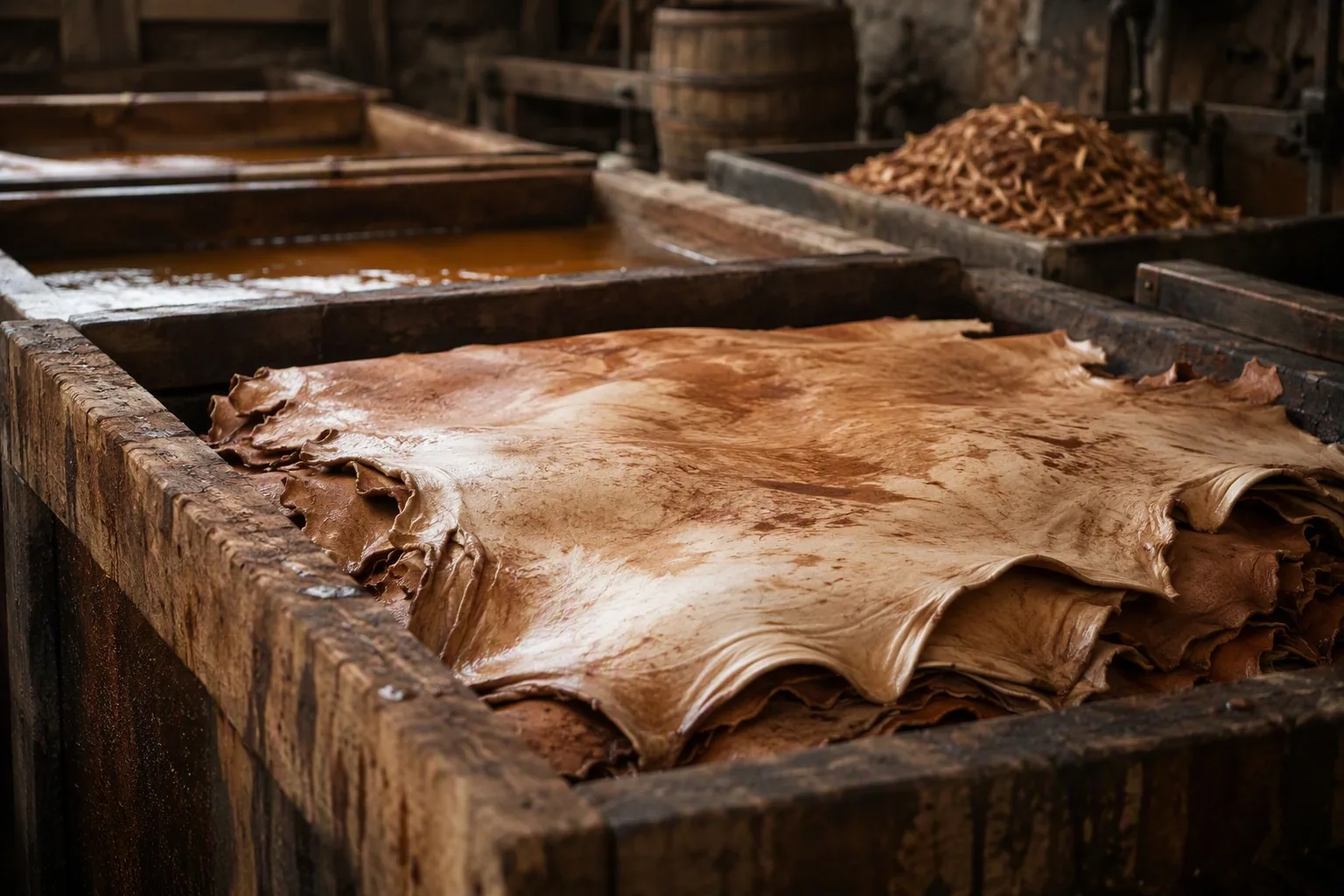 Vegetable tanning hides soaking in wooden tanning pits at a tannery