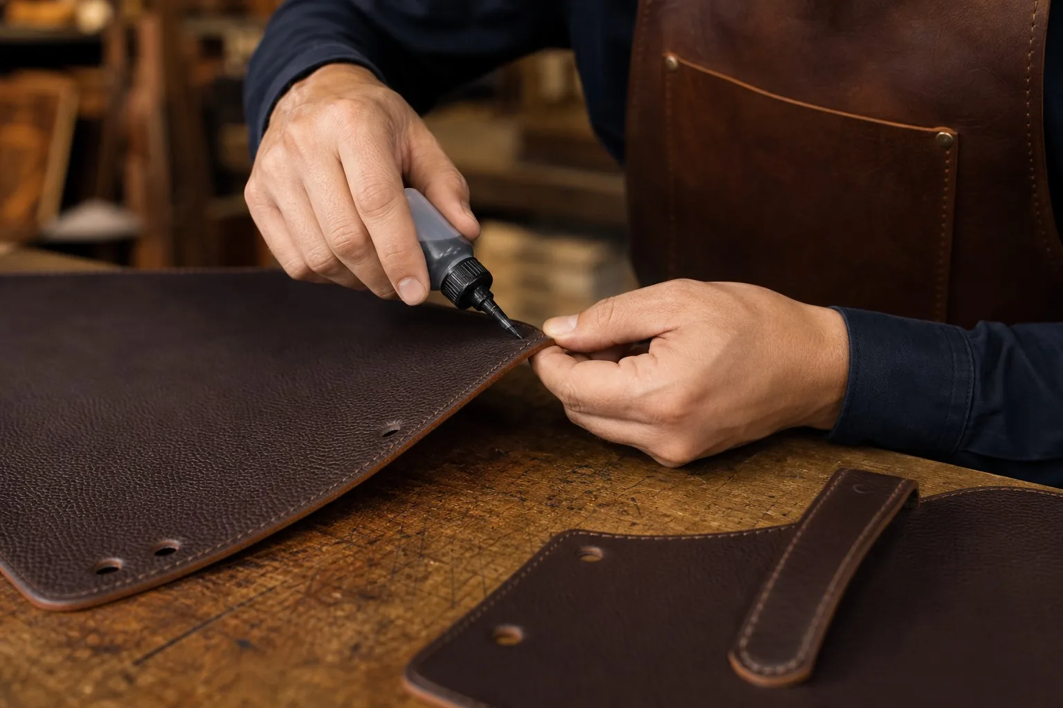 A craftsman applying edge paint to the cut edge of a leather bag panel