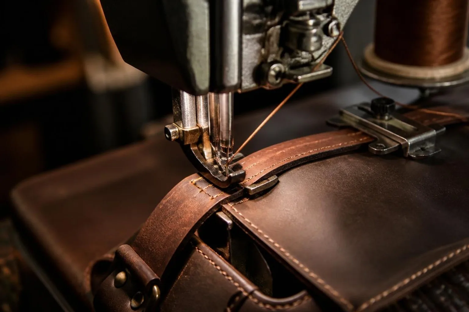 An industrial sewing machine stitching a thick leather bag panel