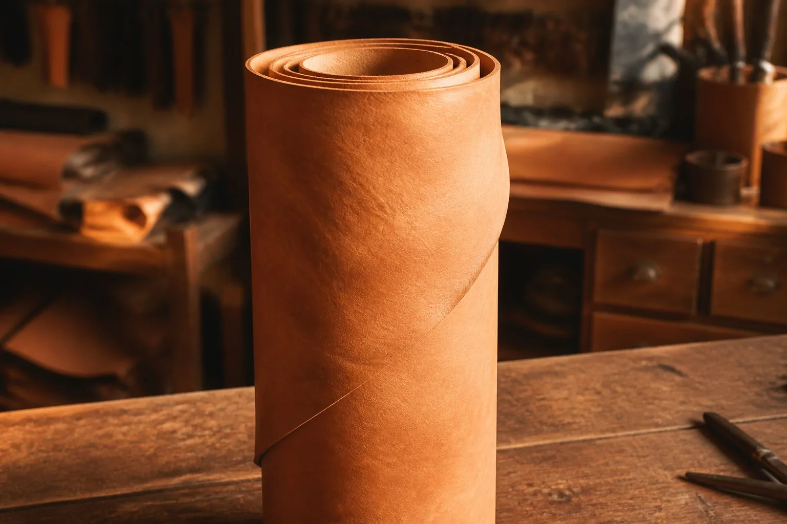 A rolled natural vegetable-tanned leather hide on a wooden workbench