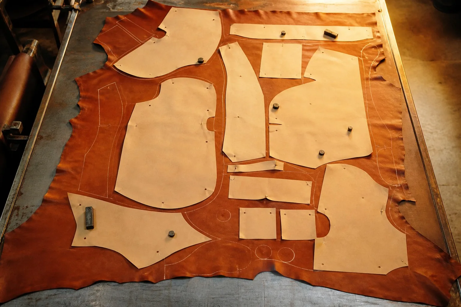 A leather hide with pattern pieces laid out for nesting on a cutting table