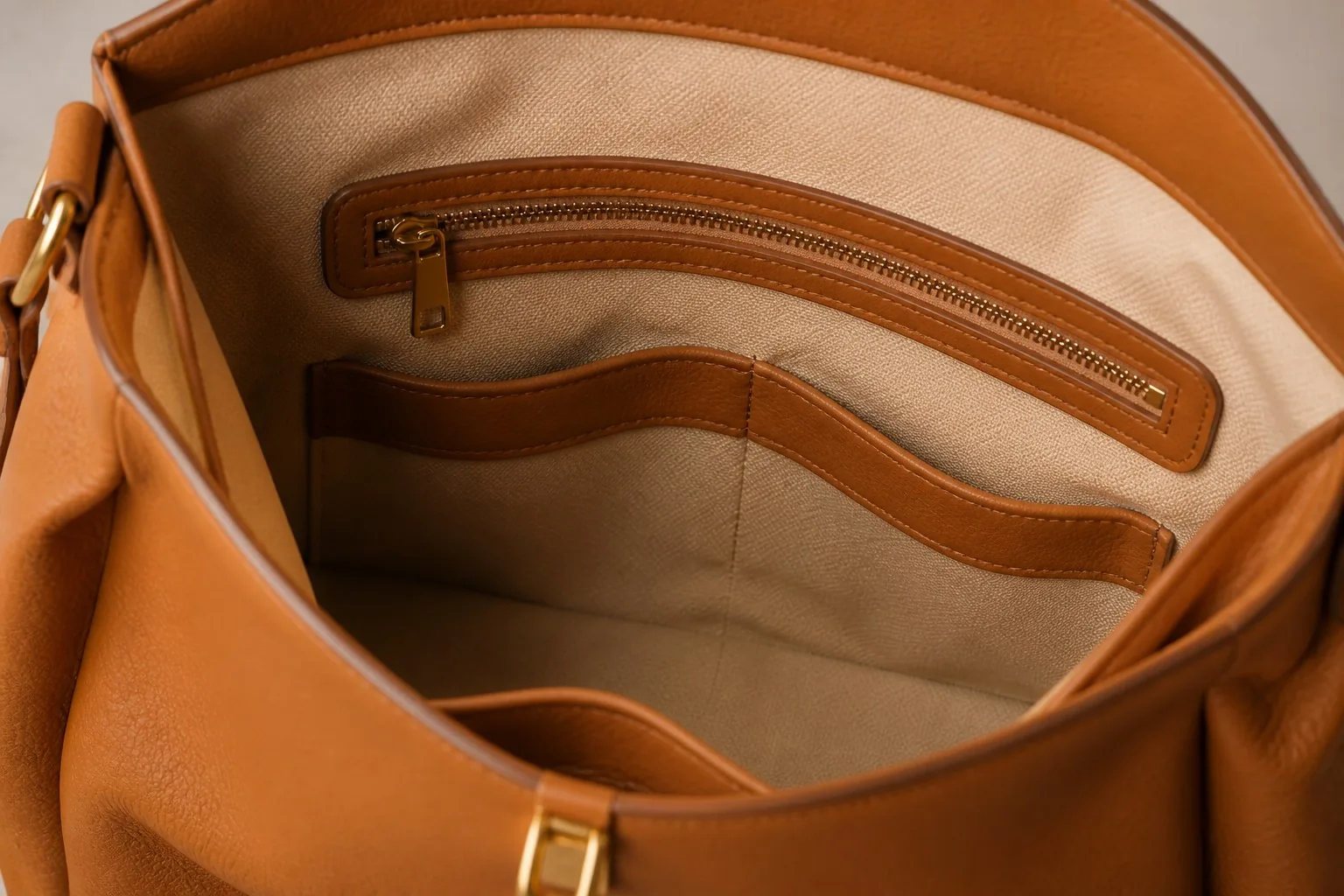A luxury leather handbag opened to show its lined interior with pockets