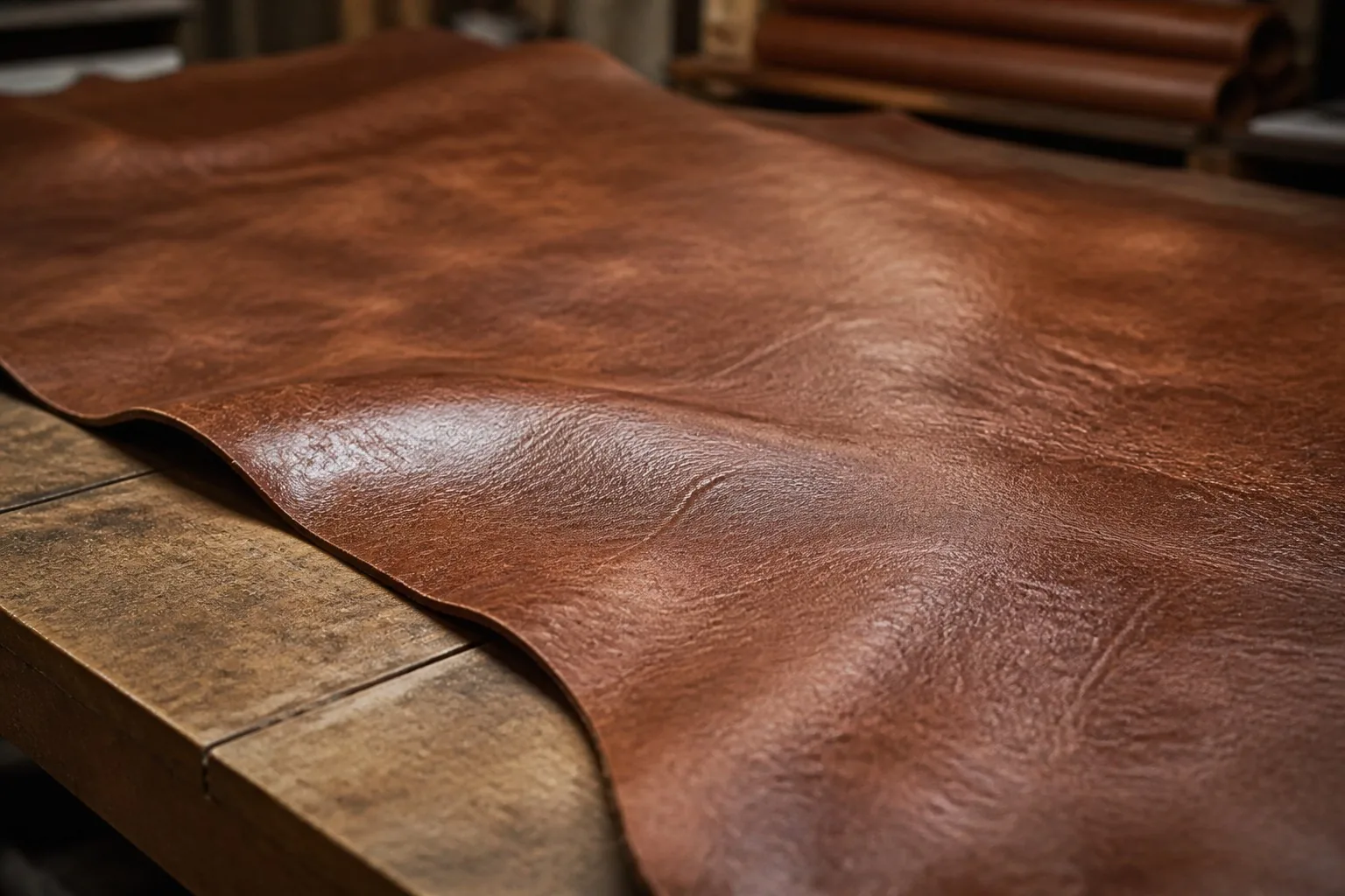 Genuine cowhide leather hide with natural grain on a factory workbench