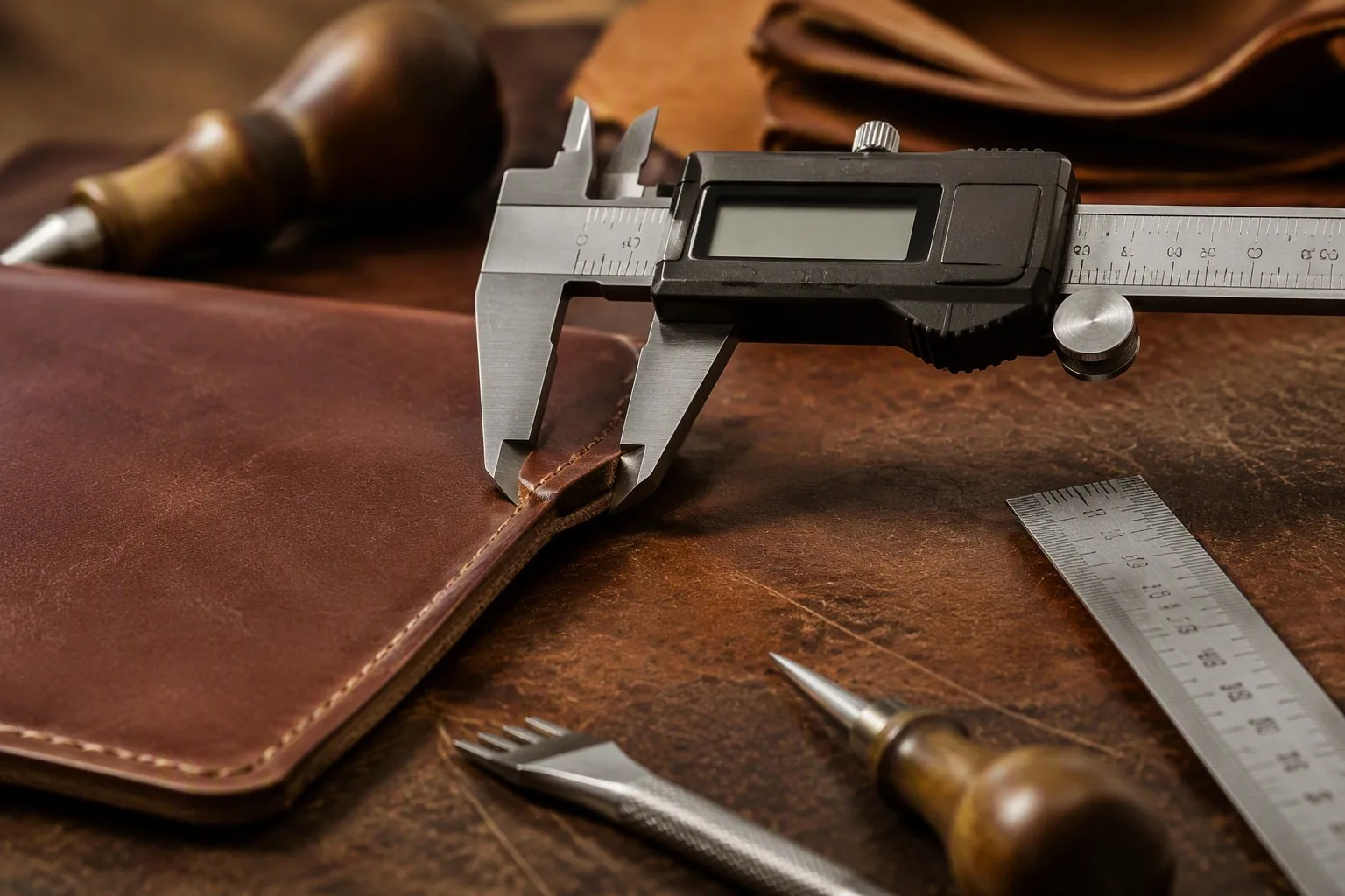 Digital caliper measuring the thickness of a leather panel on a factory workbench