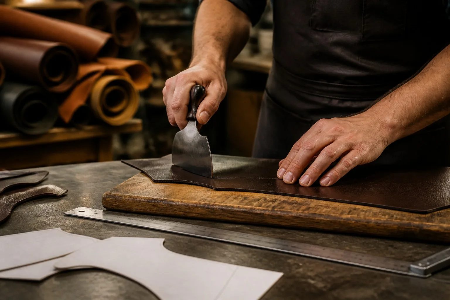 Artisan cutting a leather panel with a half-moon knife in a bag factory