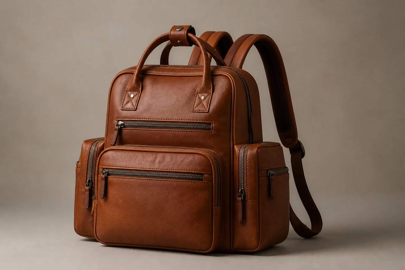 Structured leather diaper bag with compartments in cognac brown