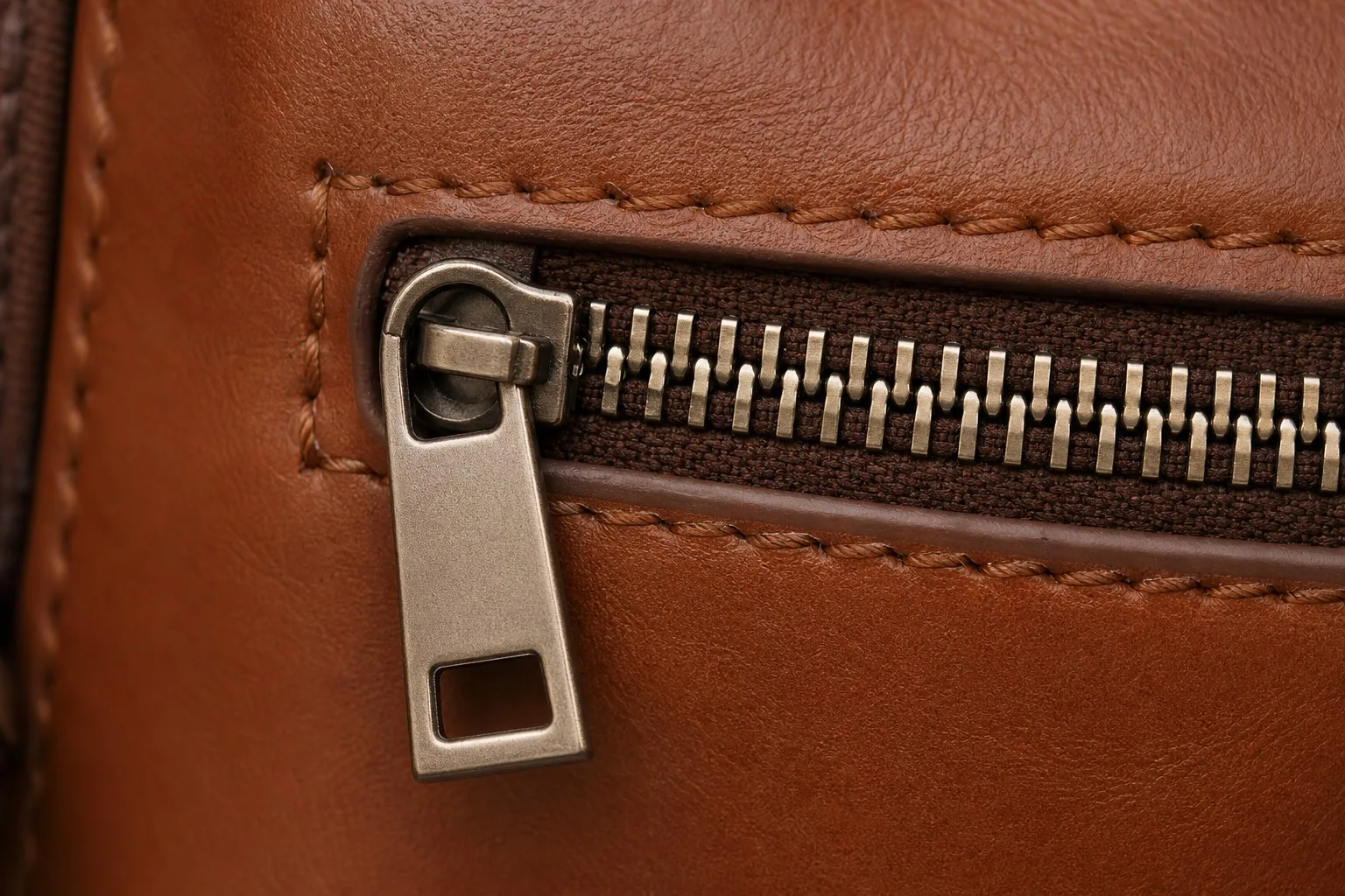 Close-up of a metal zipper on a leather bag with visible stitching