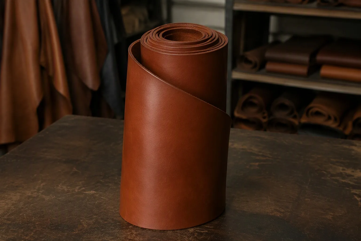 Roll of smooth supple chrome-tanned leather on a factory workbench