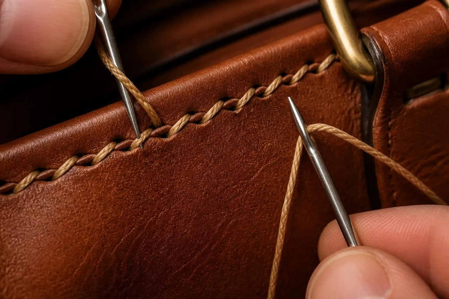 Extreme close-up of hand saddle stitching with two needles on leather