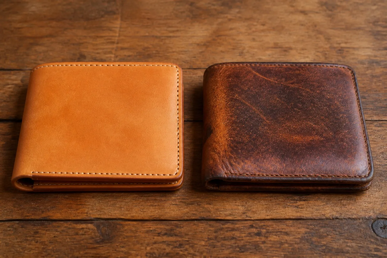 Two leather wallets showing the contrast between new and patinated leather