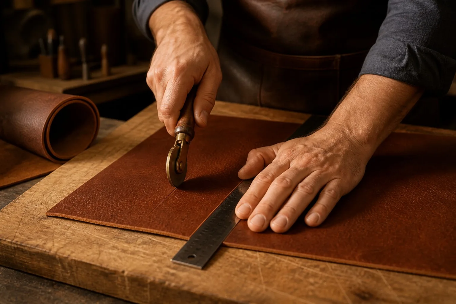 A craftsman cutting leather with a round-blade knife guided by a ruler