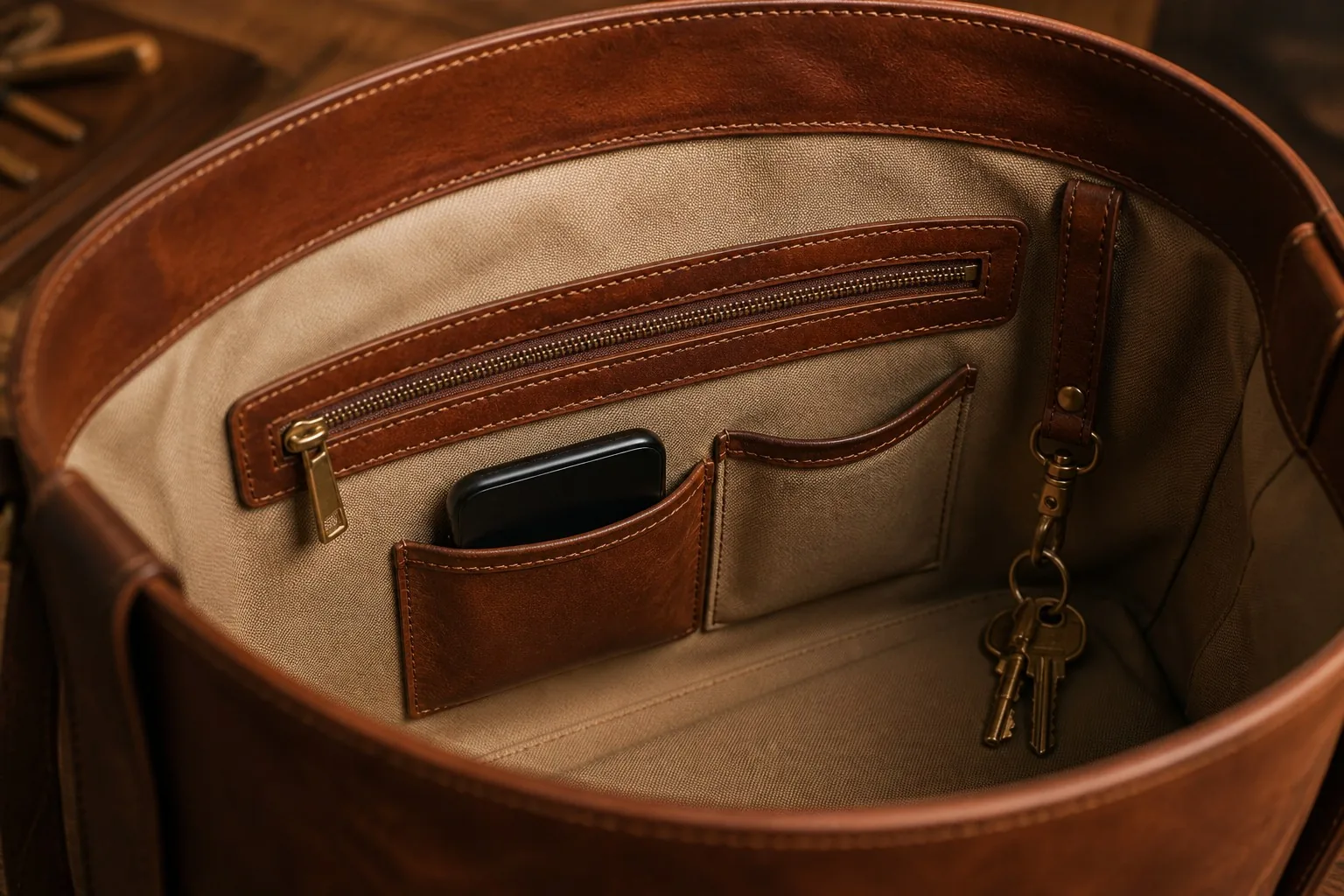A leather bag interior showing zip and slip pockets in a cotton twill lining