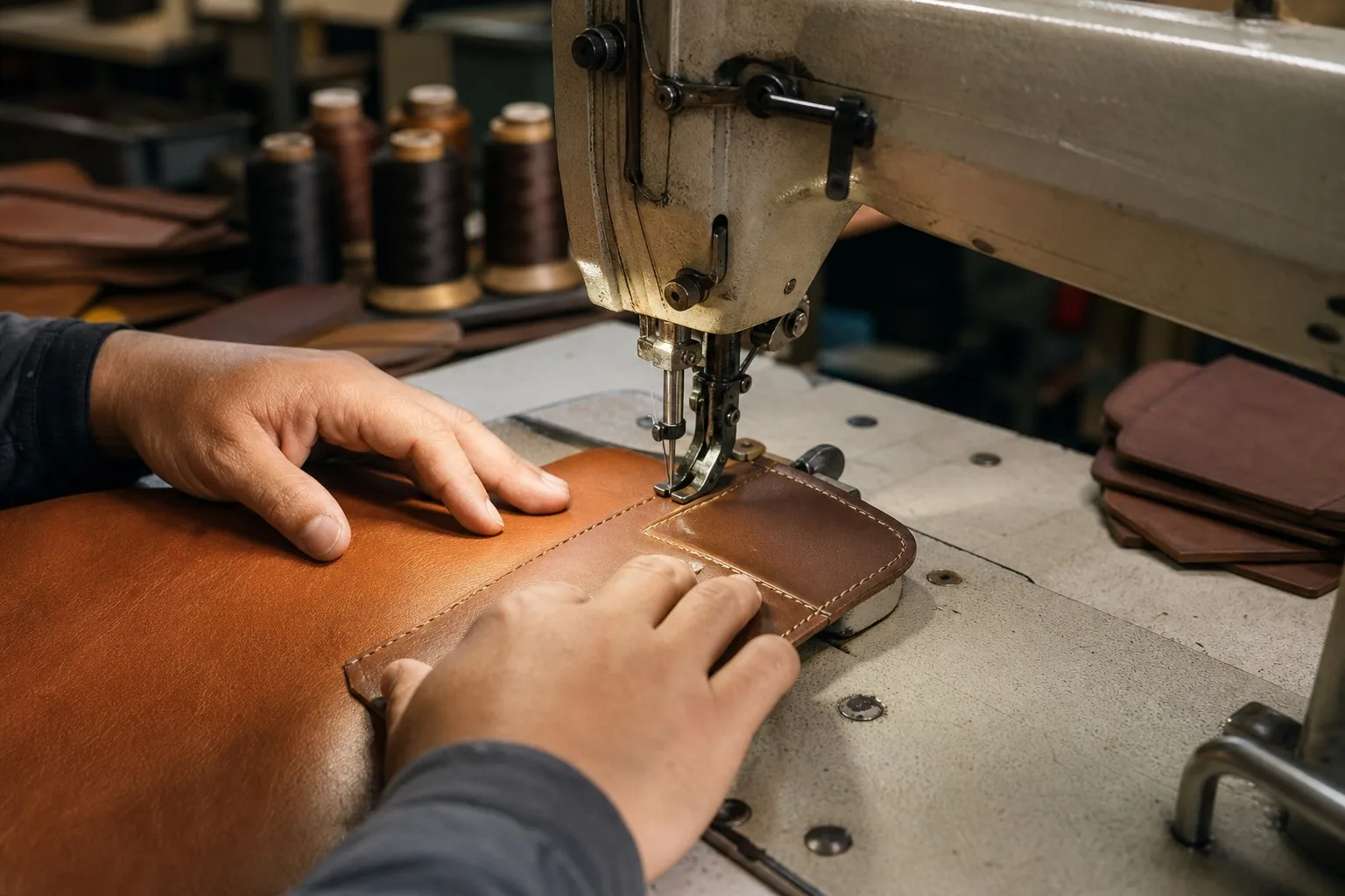 Industrial sewing machine stitching a leather bag panel in the factory