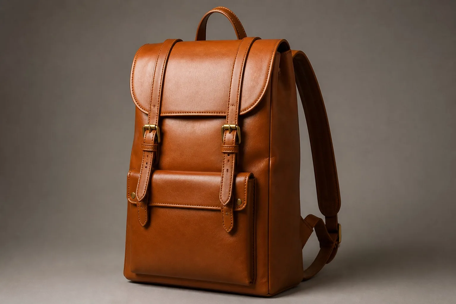 Premium leather backpack with brass buckles in tan brown