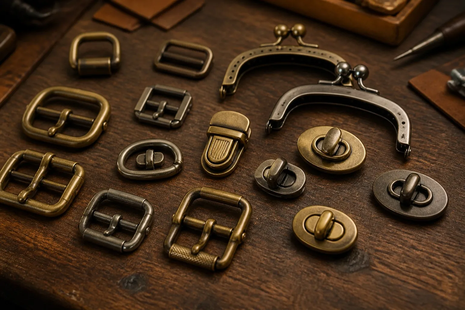 Brass and antique-nickel bag buckles and clasps arranged on a workbench