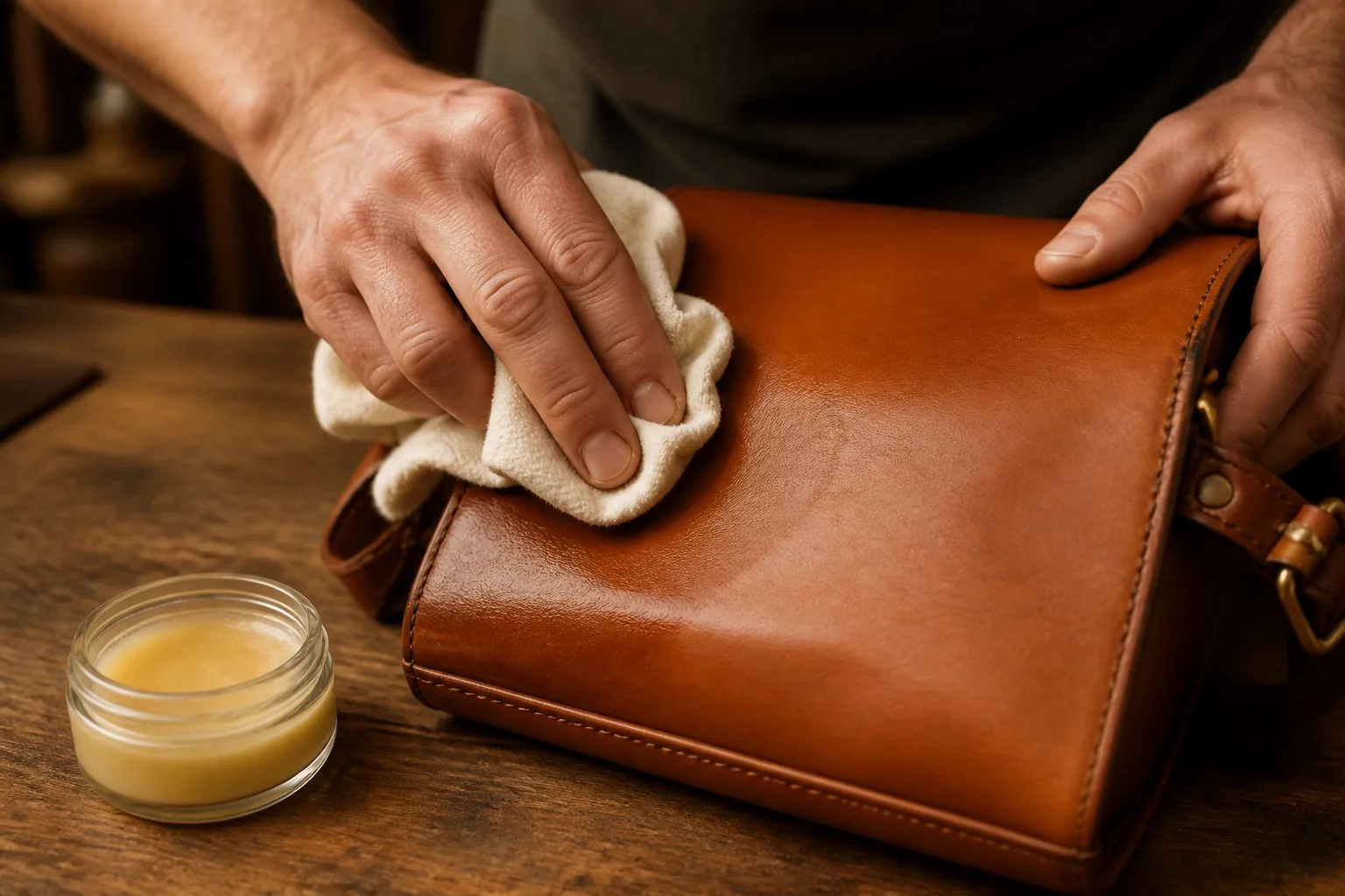 Applying leather conditioner balm to a tan leather panel