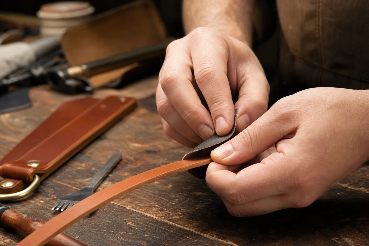 Hand sanding the cut edge of a leather strap with fine sandpaper