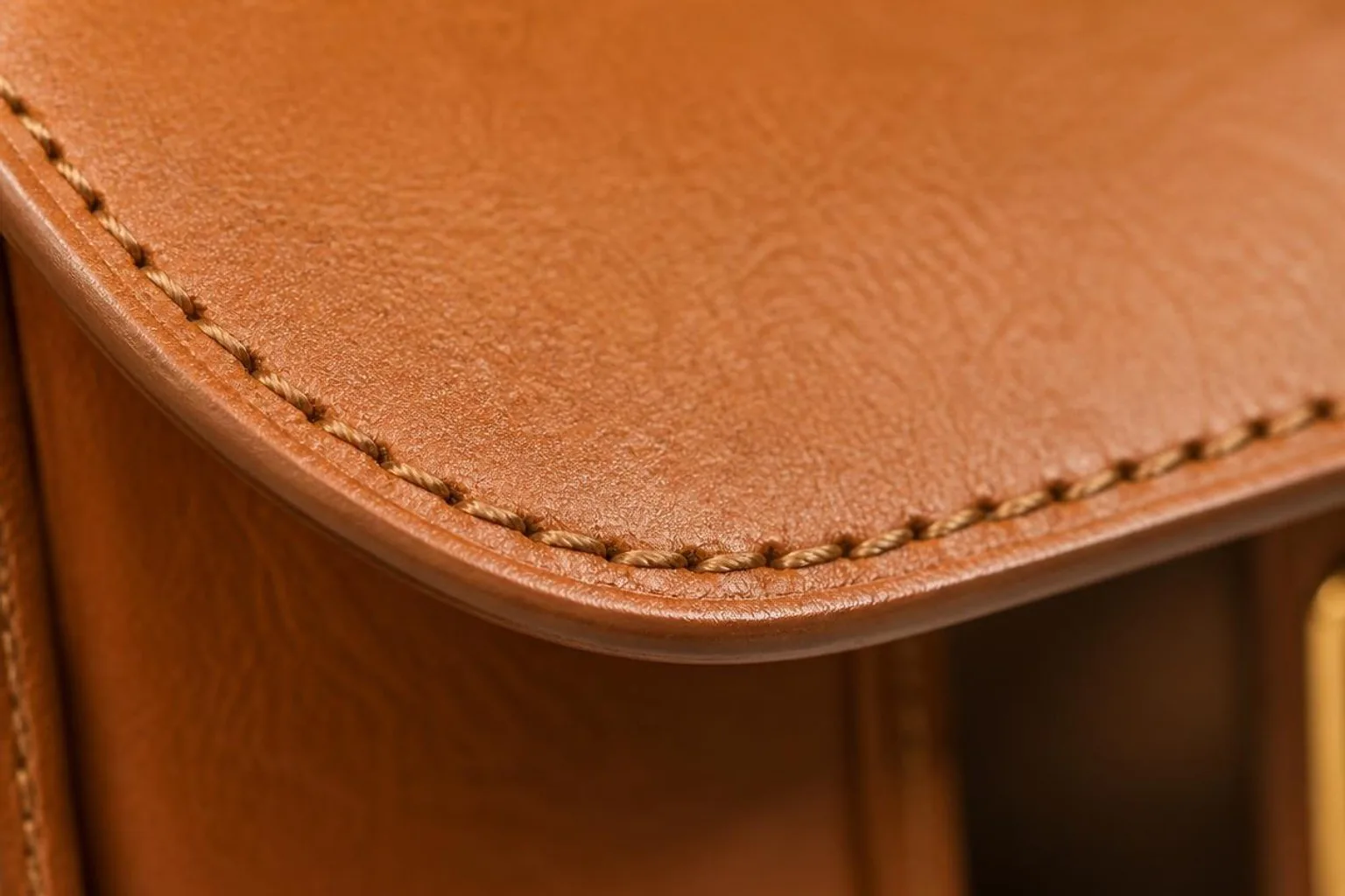 Extreme close-up of even, precise lockstitch stitching on a leather bag flap