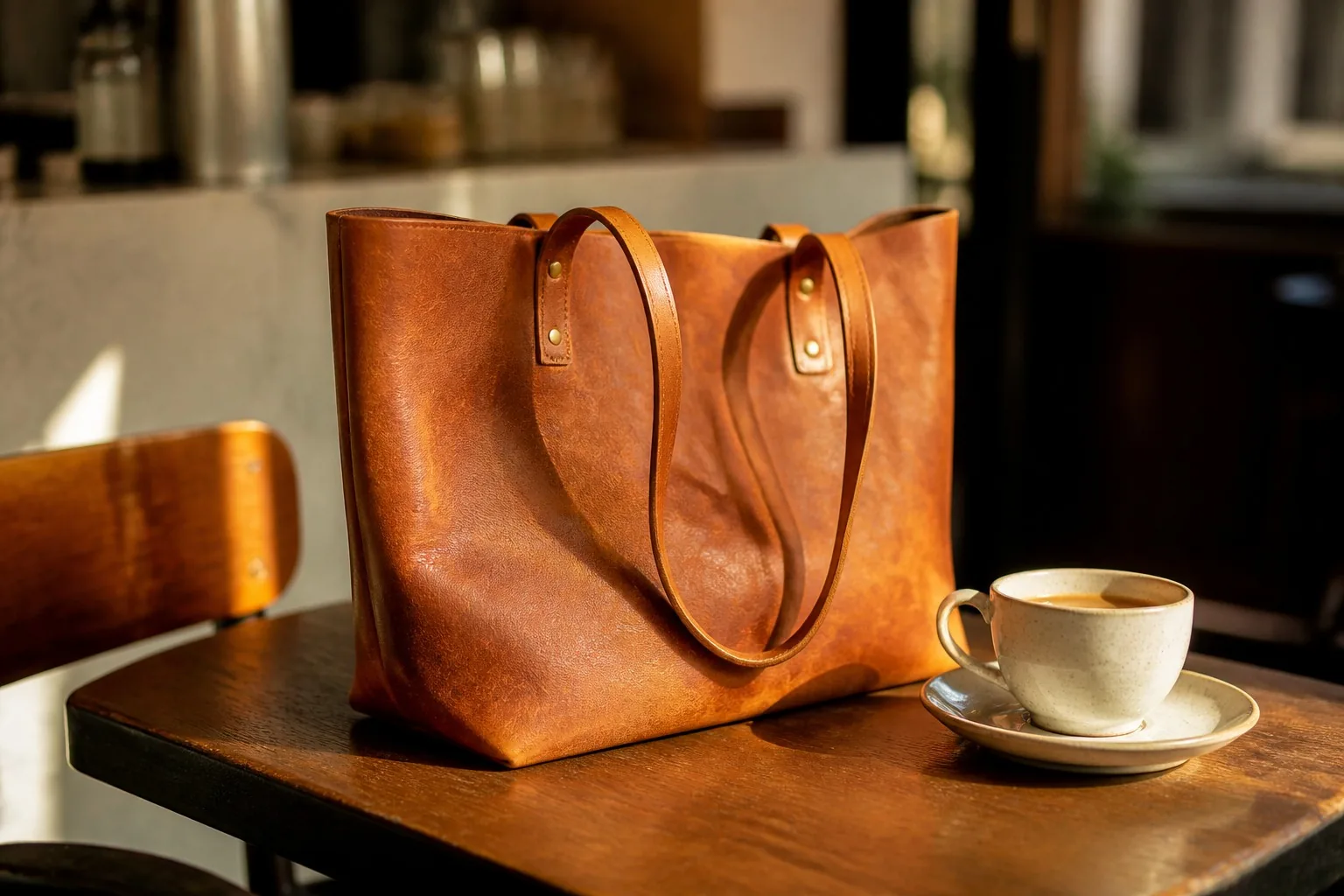 A vegetable-tanned leather tote bag developing patina in use at a café