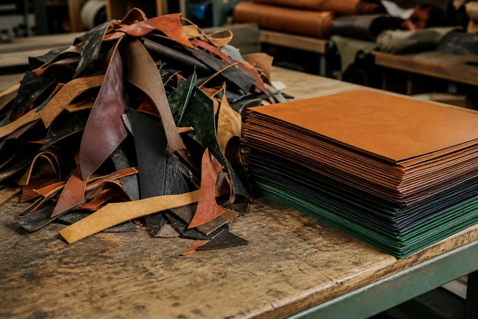 A pile of leather offcuts next to neatly stacked cut panels