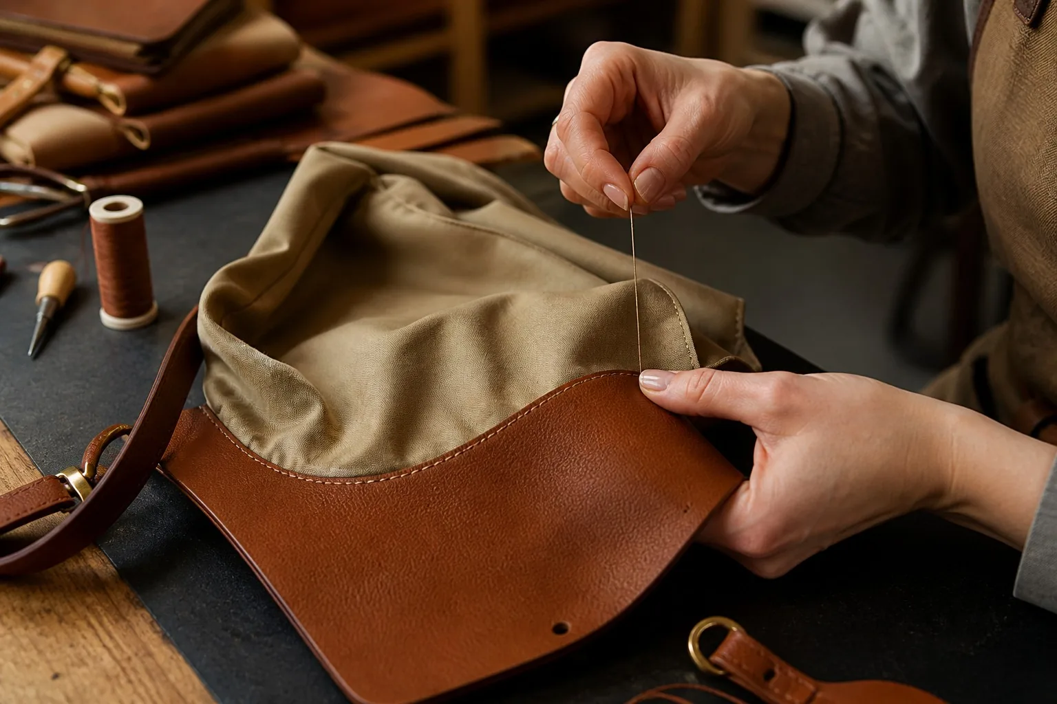 A seamstress attaching a fabric lining to a leather bag body