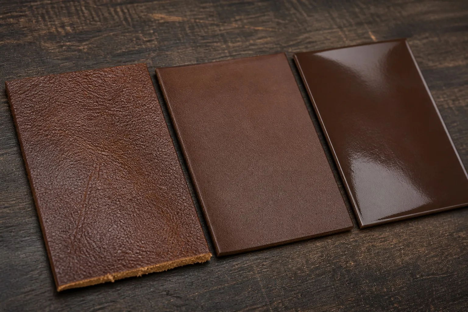 Three material swatches side by side, genuine leather, PU and PVC
