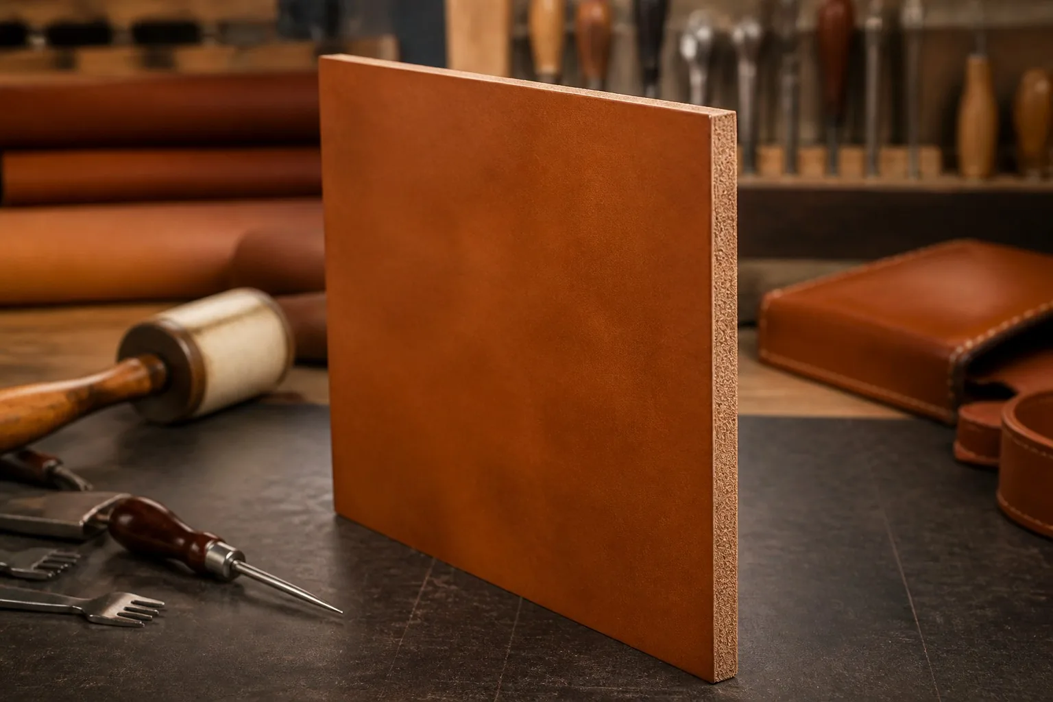 Thick firm leather panel standing upright showing its dense cross-section