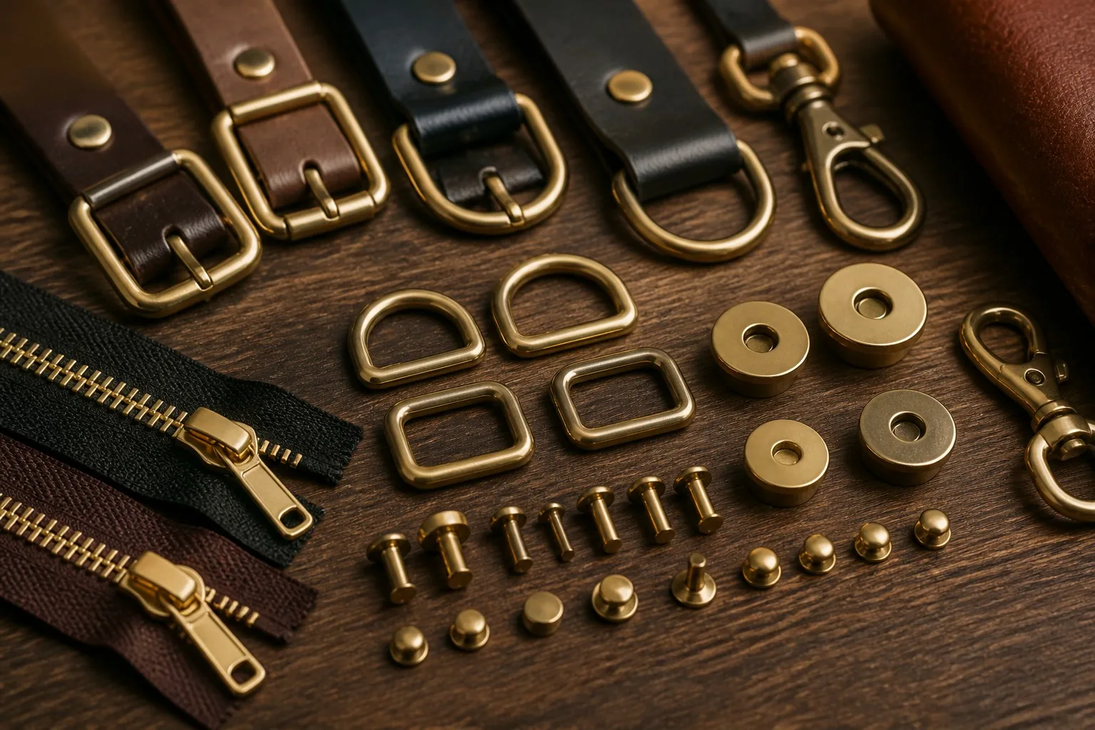Assortment of brass buckles, zippers, rivets and snaps on a workbench