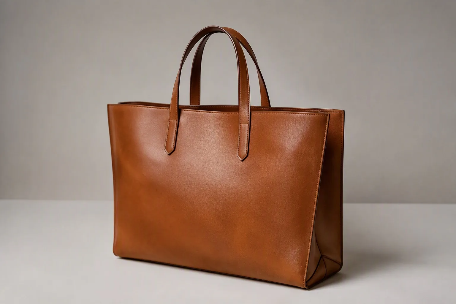 Structured vegetable-tanned leather tote bag in caramel brown
