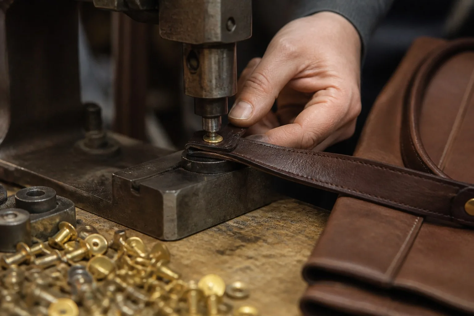 Hand press installing a brass rivet onto a leather bag strap