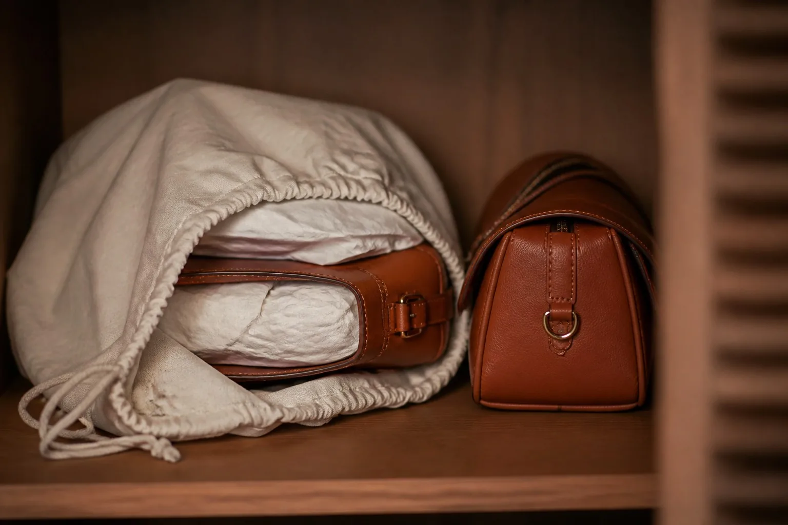 Leather bags stored in cotton dust bags on a wardrobe shelf