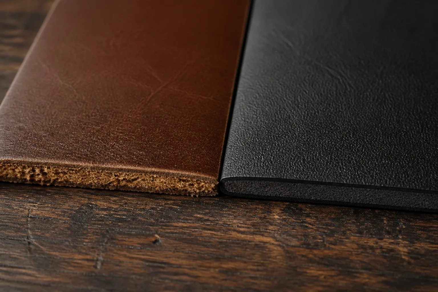 Two samples side by side showing genuine leather's fibrous edge and PU's coated edge