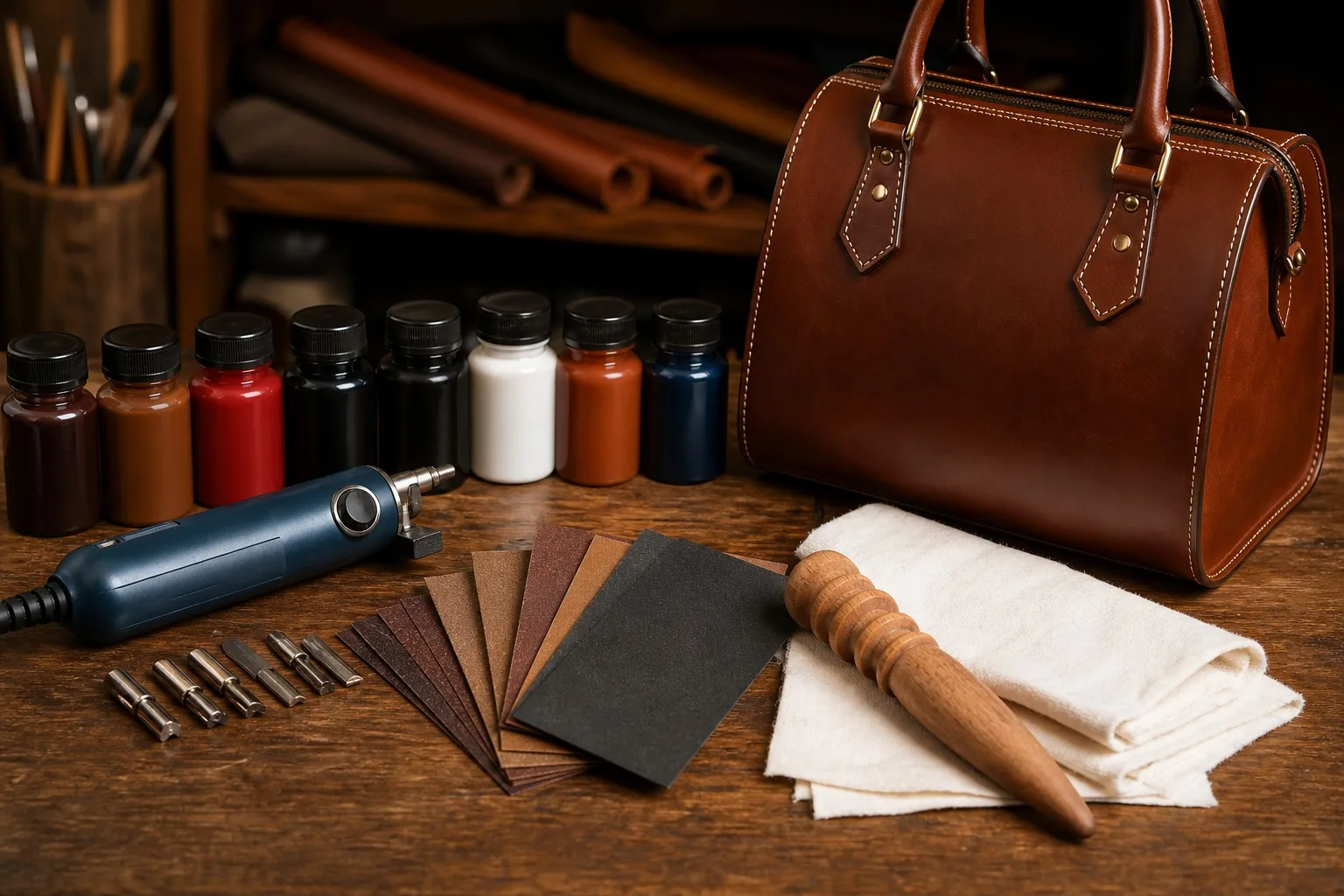 Leather edge finishing tools arranged on a workbench with a finished bag