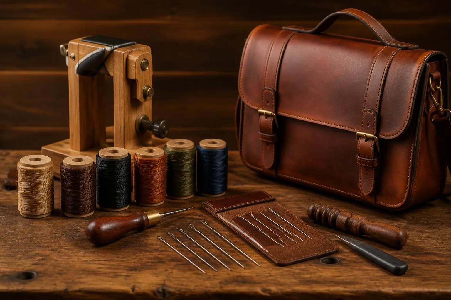 Leather sewing tools arranged on a workbench with a finished bag