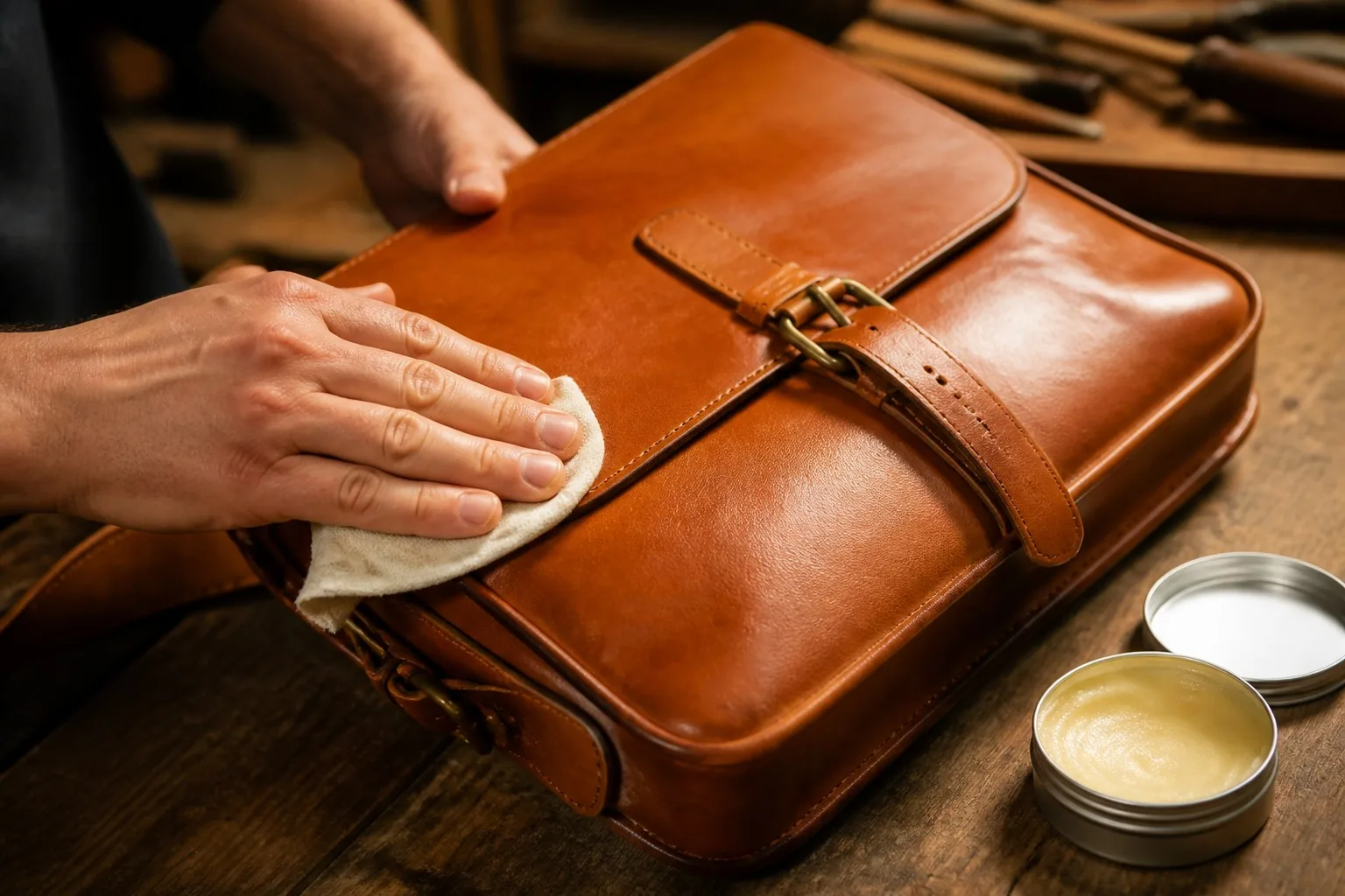Hands applying natural leather balm to a vegetable-tanned leather bag