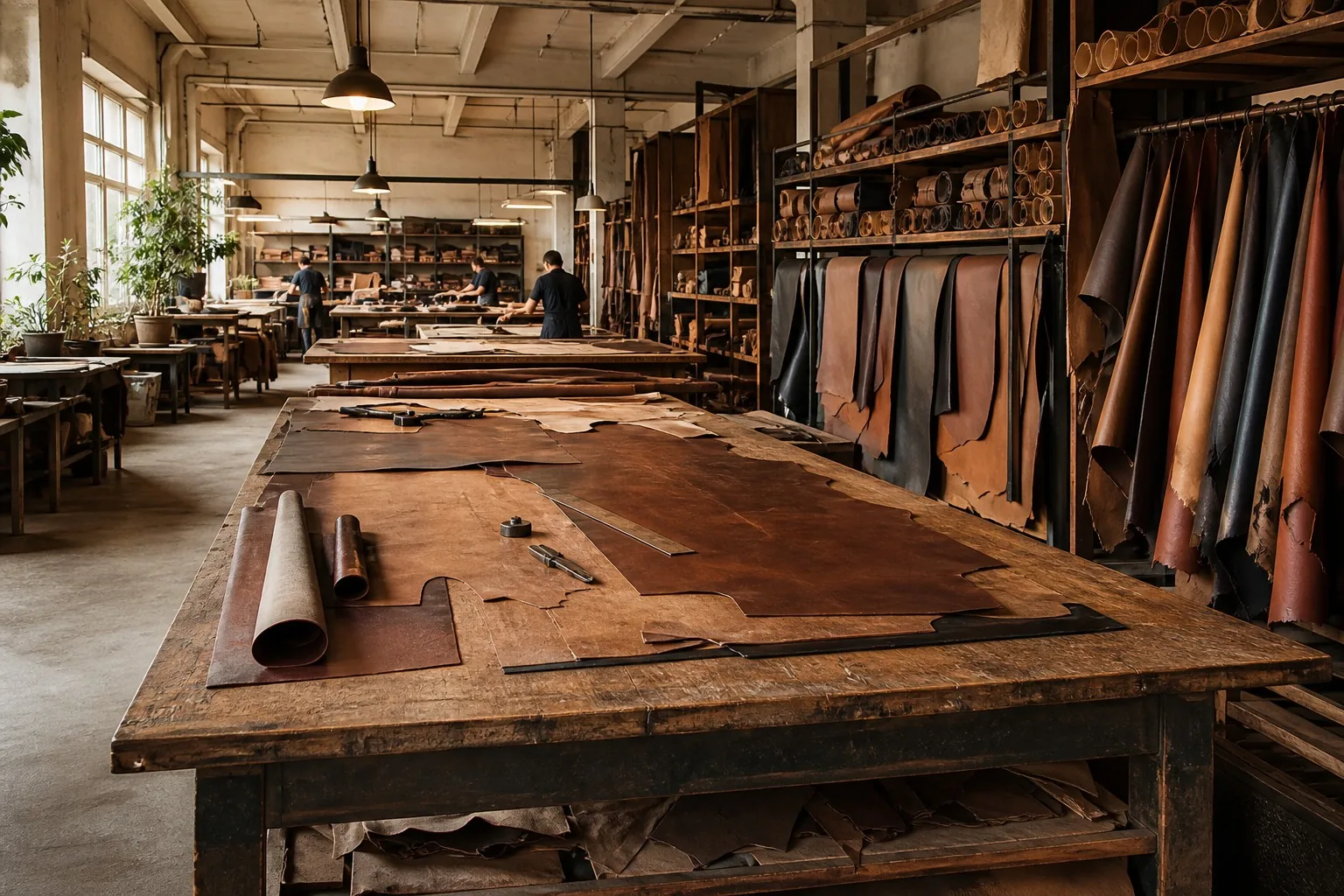 A wide view of a leather factory cutting department with hides and tools