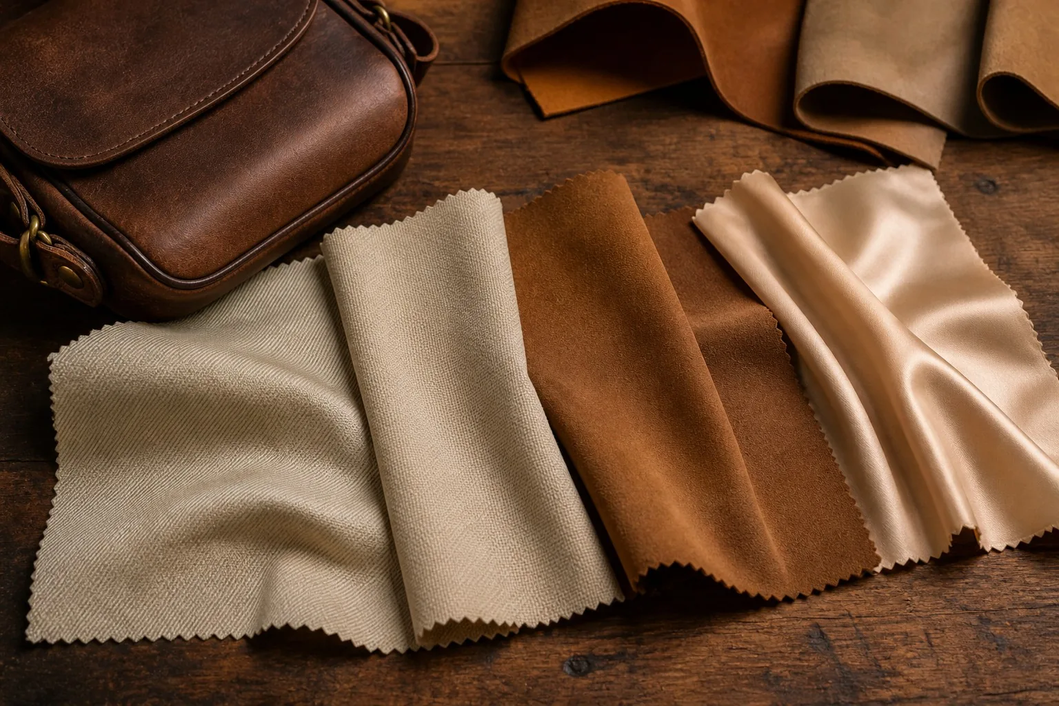 Fabric lining samples arranged on a workbench with a small leather bag