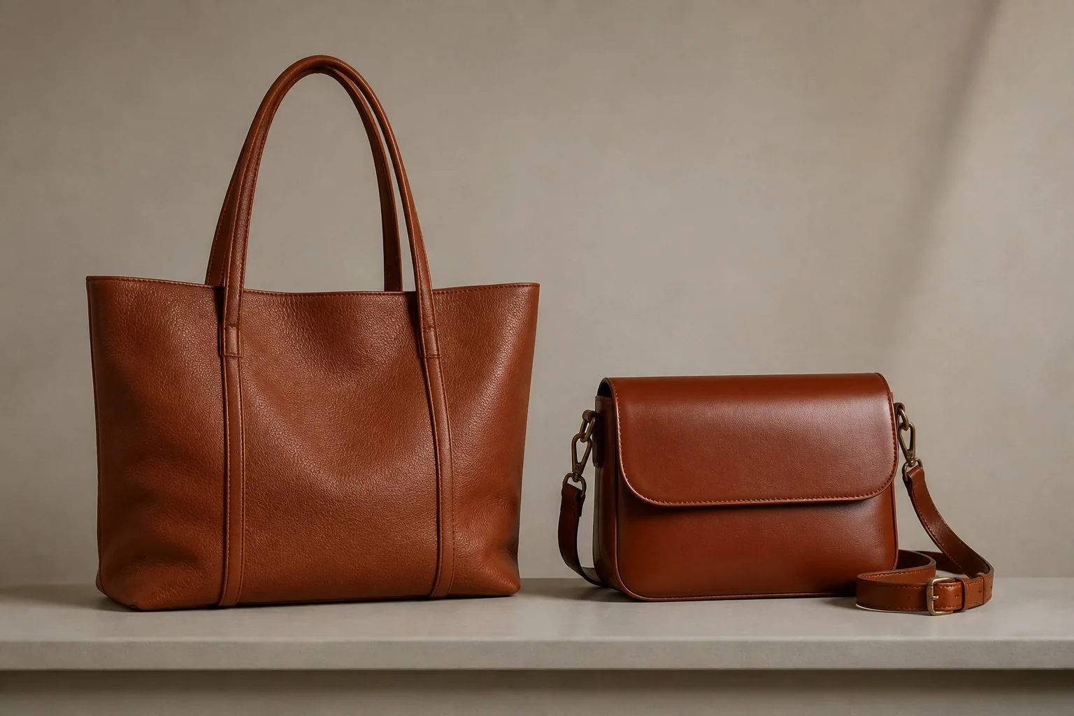 Finished leather tote and PU crossbody bag side by side on a studio shelf