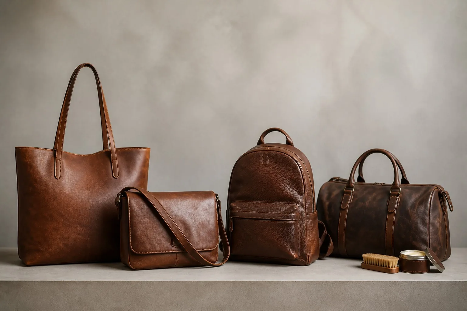 Four finished bags in different leather types with a leather care kit
