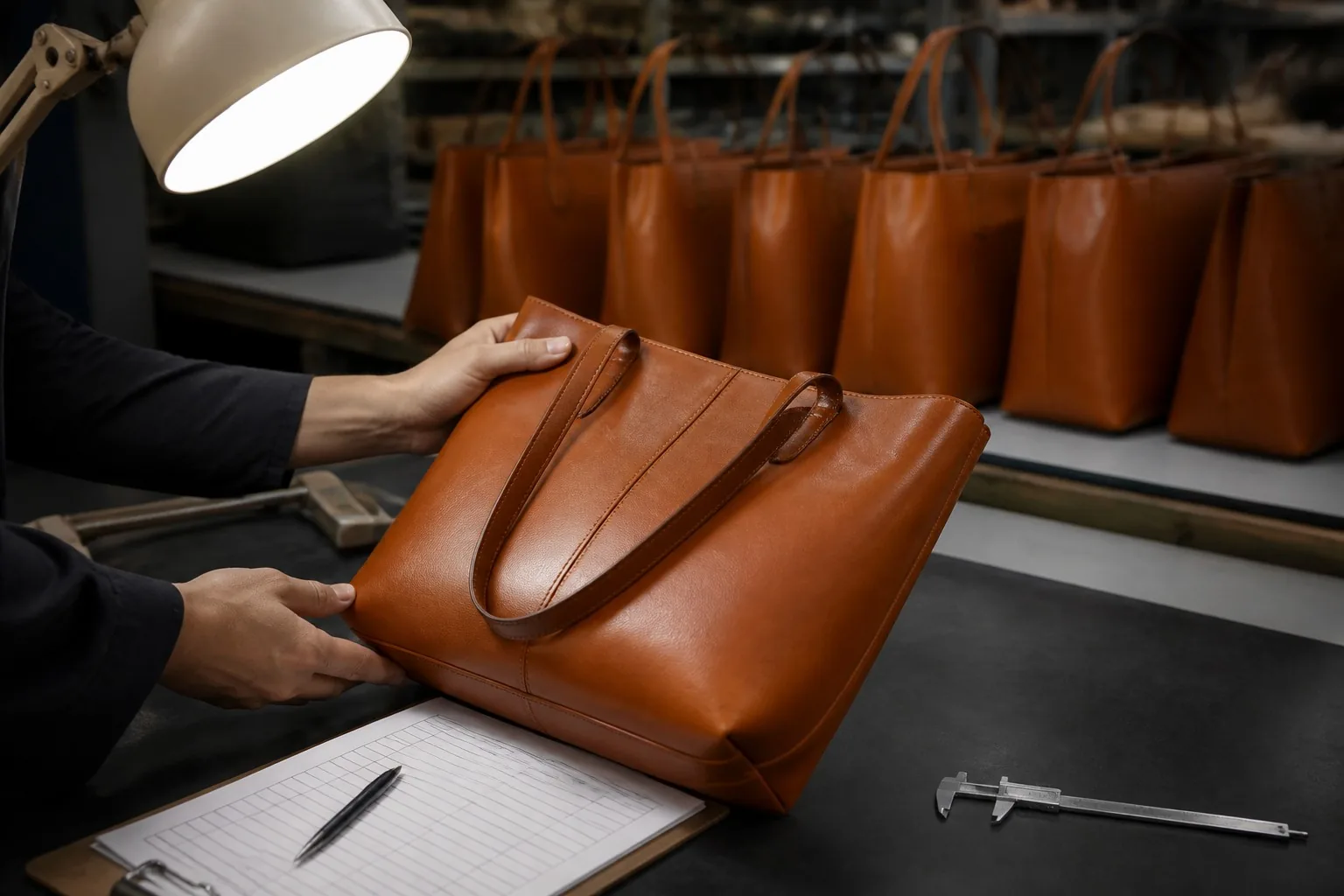 Quality control inspector examining a finished leather bag under a work lamp