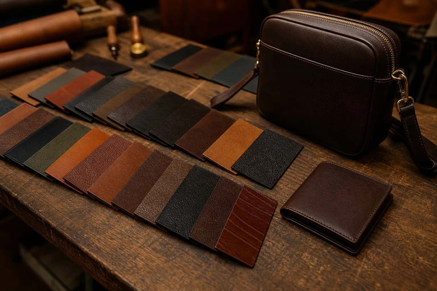 Assortment of leather samples beside a crossbody bag and wallet during selection