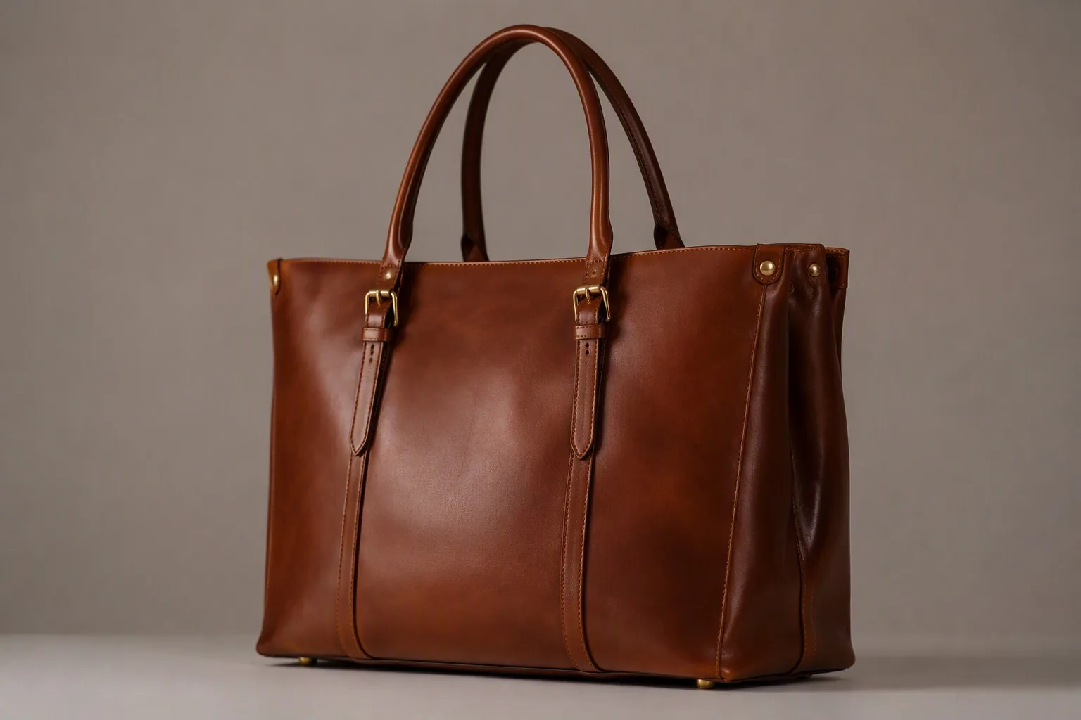 Finished leather tote bag with brass hardware, feet and buckles