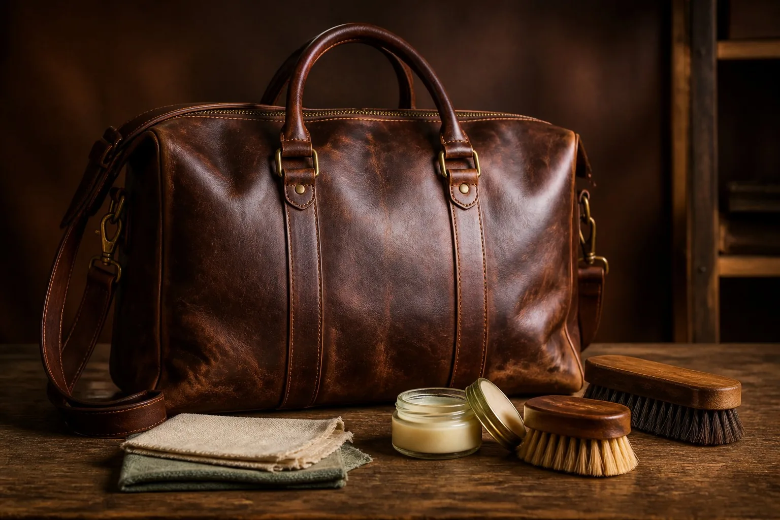 A beautifully aged patinated leather bag with a leather care kit