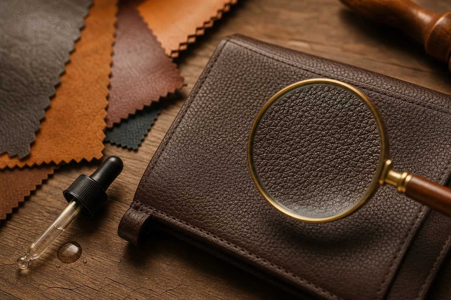 Magnifying glass examining the surface of a leather bag panel