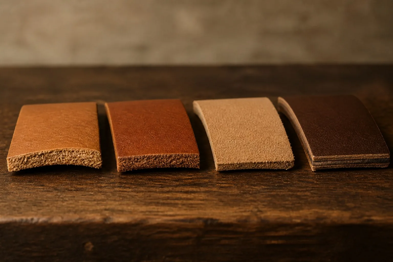 Four leather swatches showing different surface quality and cut edges