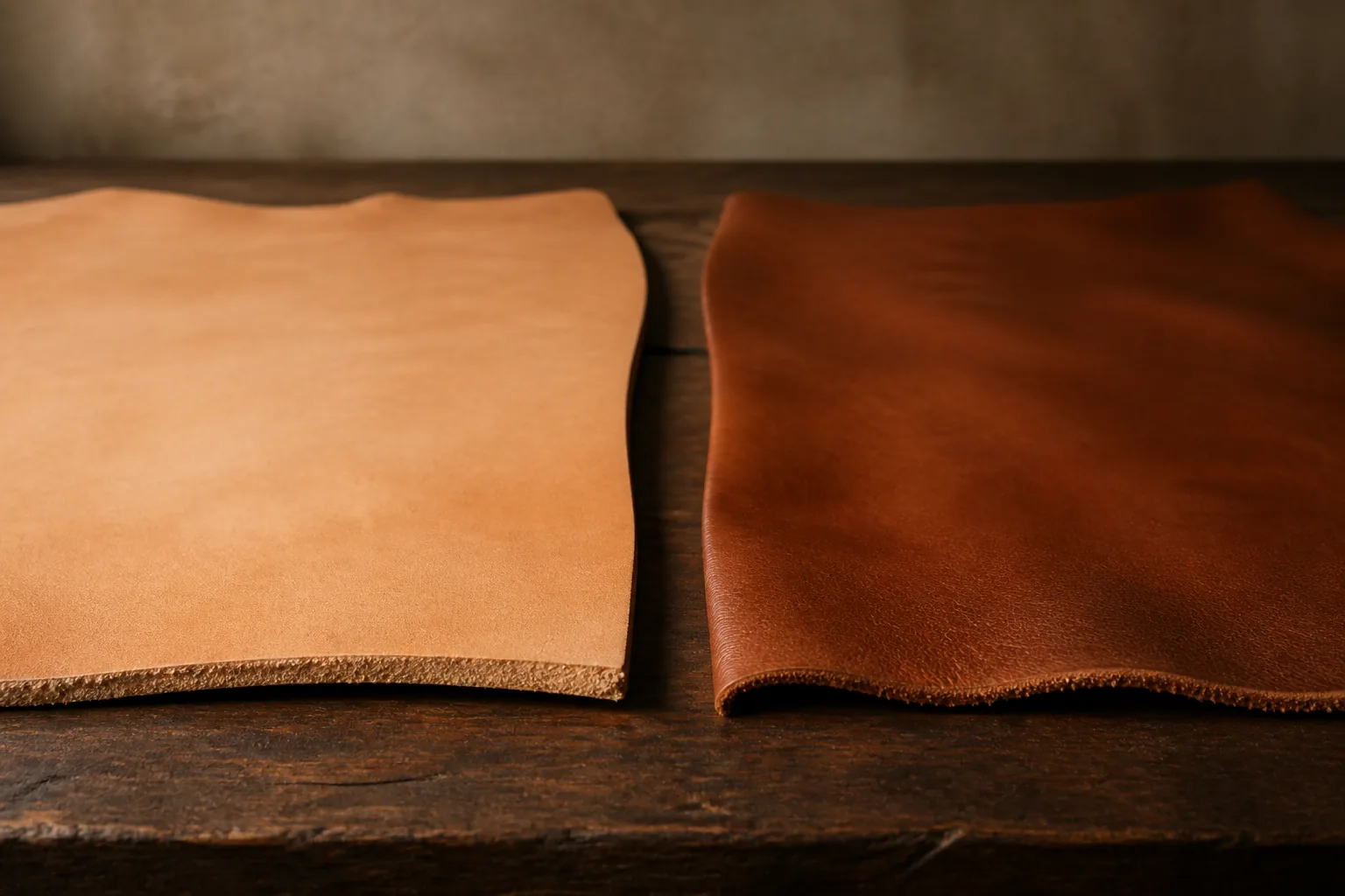 Two leather panels side by side showing different tanning methods and surface character