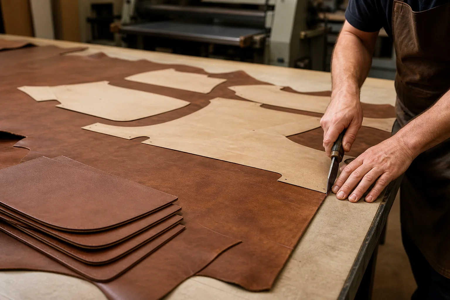 A leather cutting station with a hide, pattern templates and cut panels