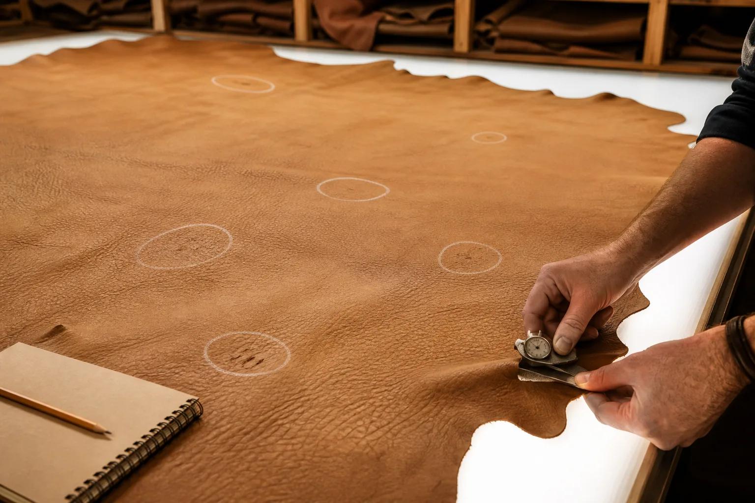 A hide being inspected on a light table with defects marked in chalk