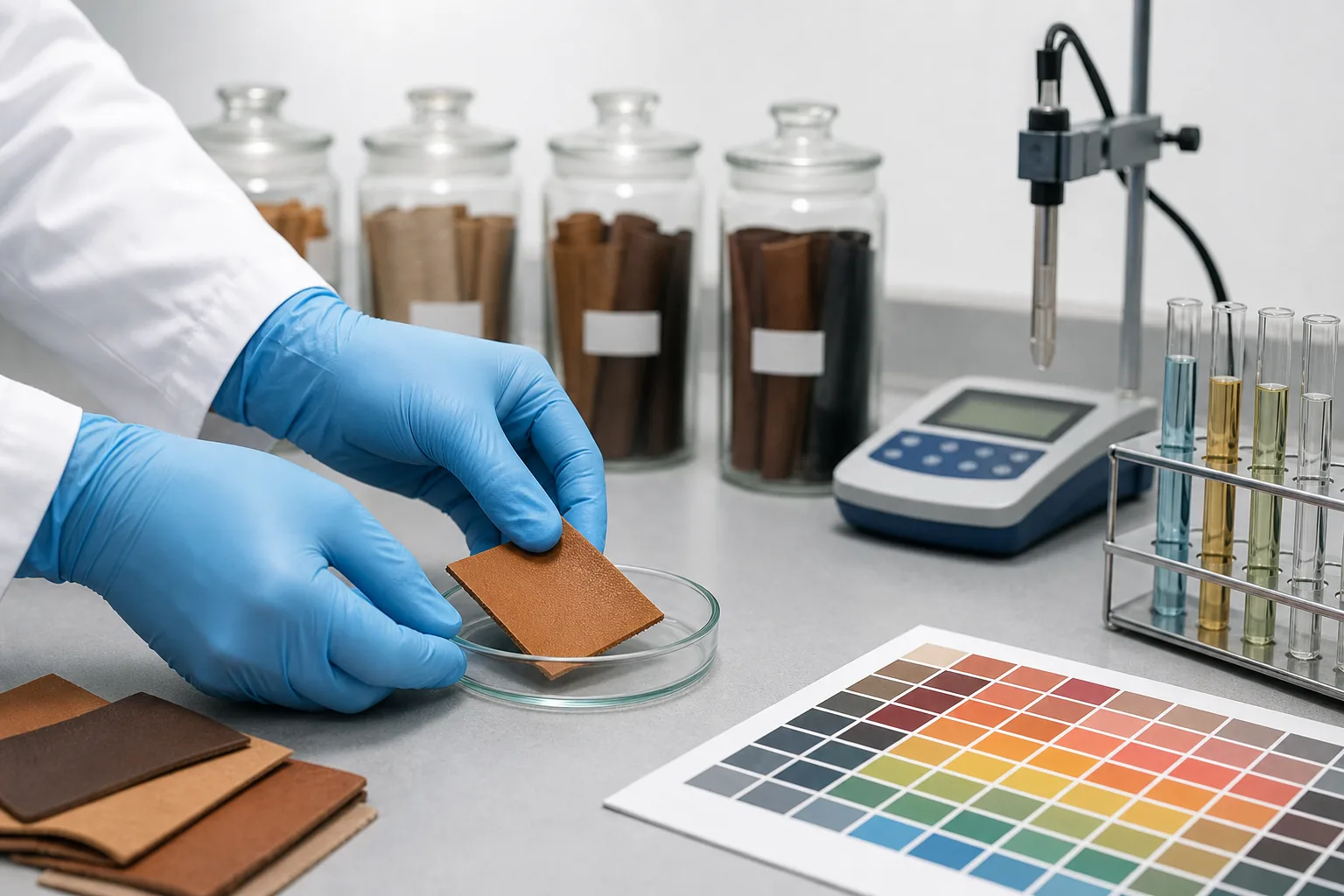 A technician placing a leather swatch into a petri dish on a laboratory testing bench