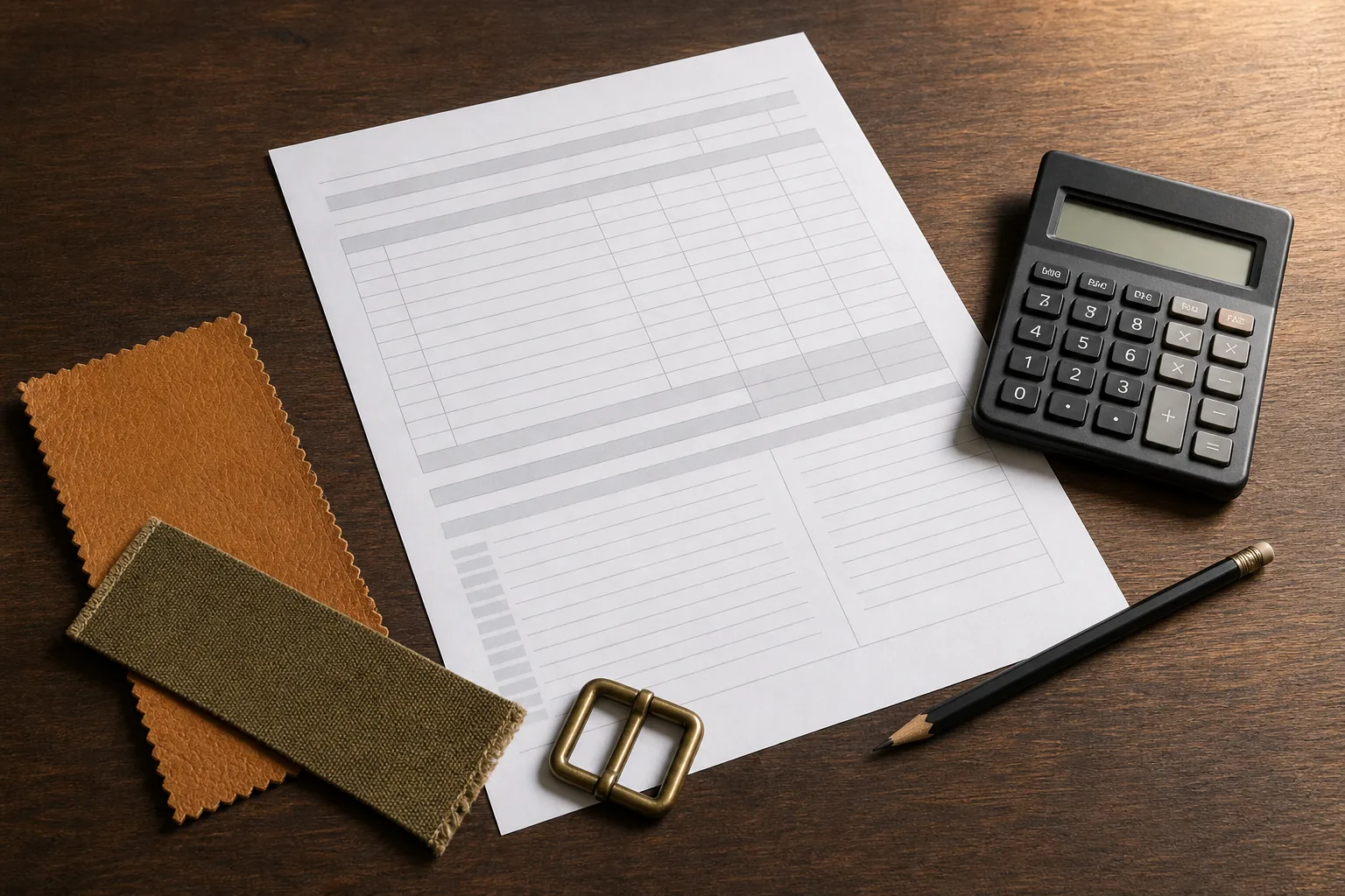 A costing desk with a cost worksheet, calculator, leather swatch and hardware sample